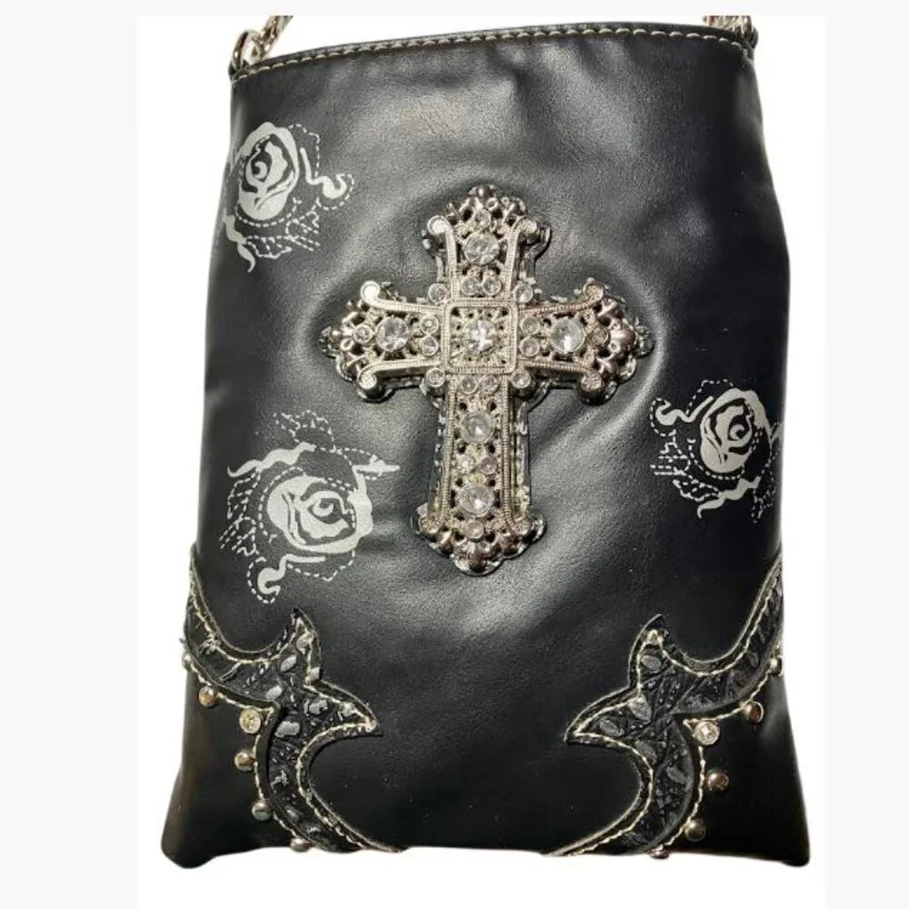 Rustic Coutures Crossbody Faux Leather Black Pouch with Silver Cross OS GUC